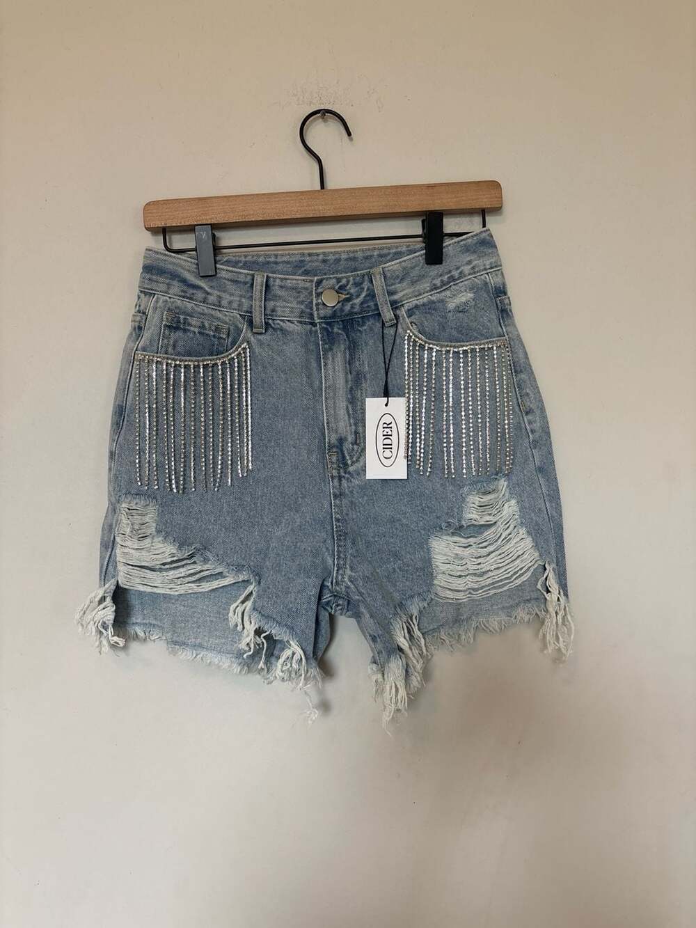 Cider Rhinestone Fringe Distressed Denim Shorts Size S